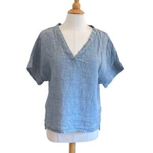 Isaac Mizrahi Blue Short Sleeve V-Neck Linen Top, Size L